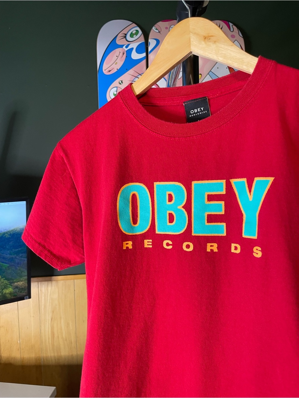OBEY Records boys size large Red Graphic Tee